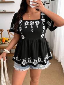 Enliva Plus Size Music Festival, Seaside Vacation, Bohemia Casual Vacation Embroidered Floral Trim Ruched Waist Square Neck Blouse, Going Out Tops, For Apple And Rounded Body Shape - Black - View 8