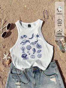 Veykashi Mermaid, Coral, Seashell, Jellyfish Print Plus Size Cropped Camisole With Thick Straps, Suitable For Summer - White - View 1