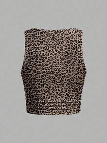 Slaydiva Plus Size Leopard Print Fitted Cropped Tank Top, Suitable For Summer Club Night Beige - White - View 2