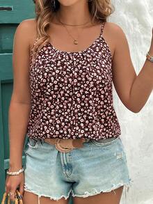 Reflora Plus Size Women Summer Pink Ditsy Floral Camisole - Black - View 4