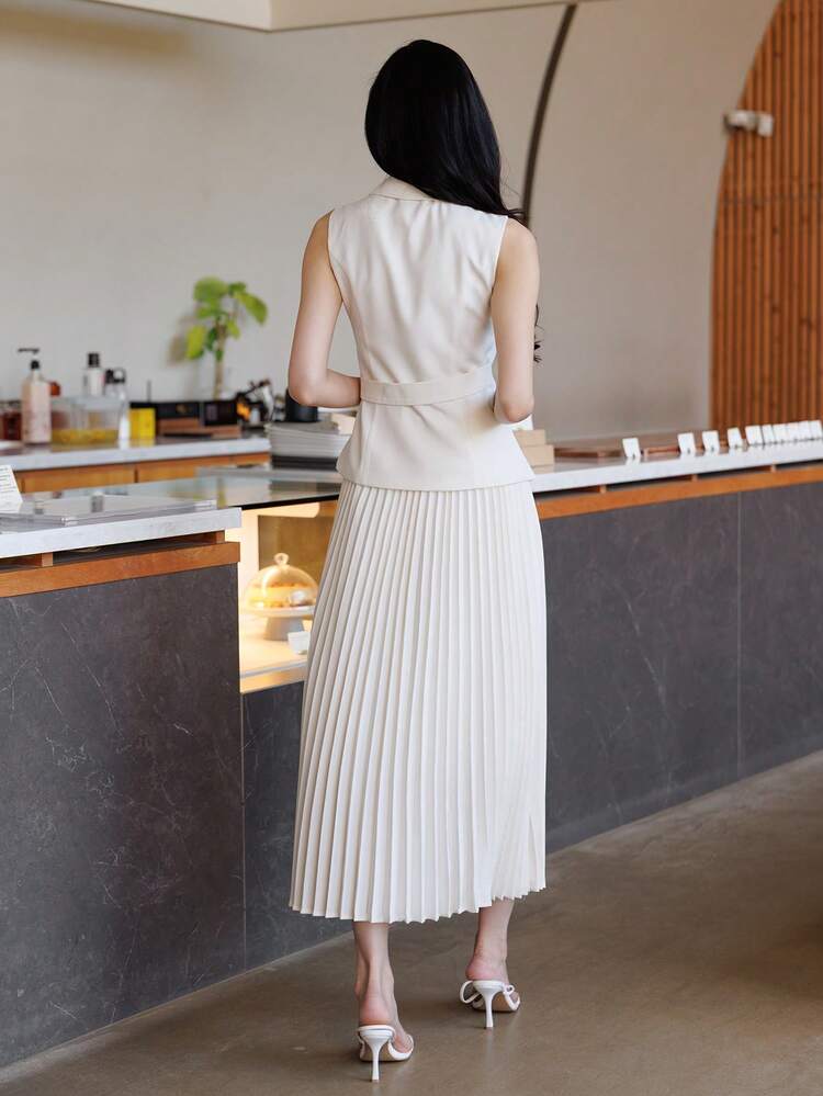Women's Elegant Commuter Solid Color Vest & Pleated Skirt 2-Piece Set, Summer