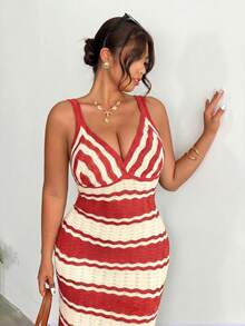 Firerie Plus Size Women Vacation Striped Bodycon Cami Knit Dress Fall - Redwood - View 8