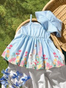 SHEIN Vintaside Kids 2pcs/Set Gaun Tanpa Lengan Model A-Line Motif Kelinci dan Bunga Garis-garis Biru Putih Lucu untuk Bayi Perempuan, Pakaian Liburan Musim Panas yang Segar untuk Pesta & Foto - Biru - View 5