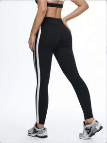 Eassivo Leggings ajustados, transpirables y casuales con rayas para fitness - Negro - Ver 2