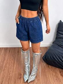 SHEIN PETITE Quần short denim nữ dáng rộng, cạp chun, có túi, kiểu dáng thường ngày. - Rửa tối - Xem 5