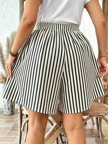 Comfylo Plus Size Women's Casual Black & White Striped Textured Fabric Loose Shorts, Suitable For Summer - Black and White - View 2