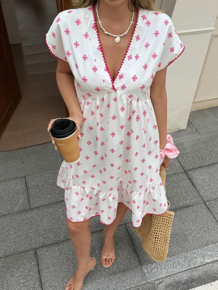 SHEIN LUNE 女士休闲撞色V领短袖迷你连衣裙，适合夏季度假、通勤和日常穿着 - 紅白色 - 查看 1