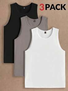 Manfinity RebelGame 3pcs/Pack Men's Casual Solid Color Knit Sleeveless Tank Top, Suitable For Daily Wear, Vacation, Father's Day Gifts Gym Black Summer, Football - Multicolor - View 4