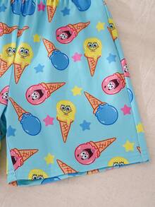 SpongeBob SquarePants | SHEIN Cartoon Print Crew Neck Short Sleeve Top And Shorts Pajama Set For Young Boy - Blue - View 4