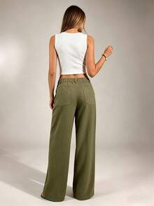 SHEIN PETITE CURVE Plus Size Casual Solid Color Loose Fit Pants - Army Green - View 6