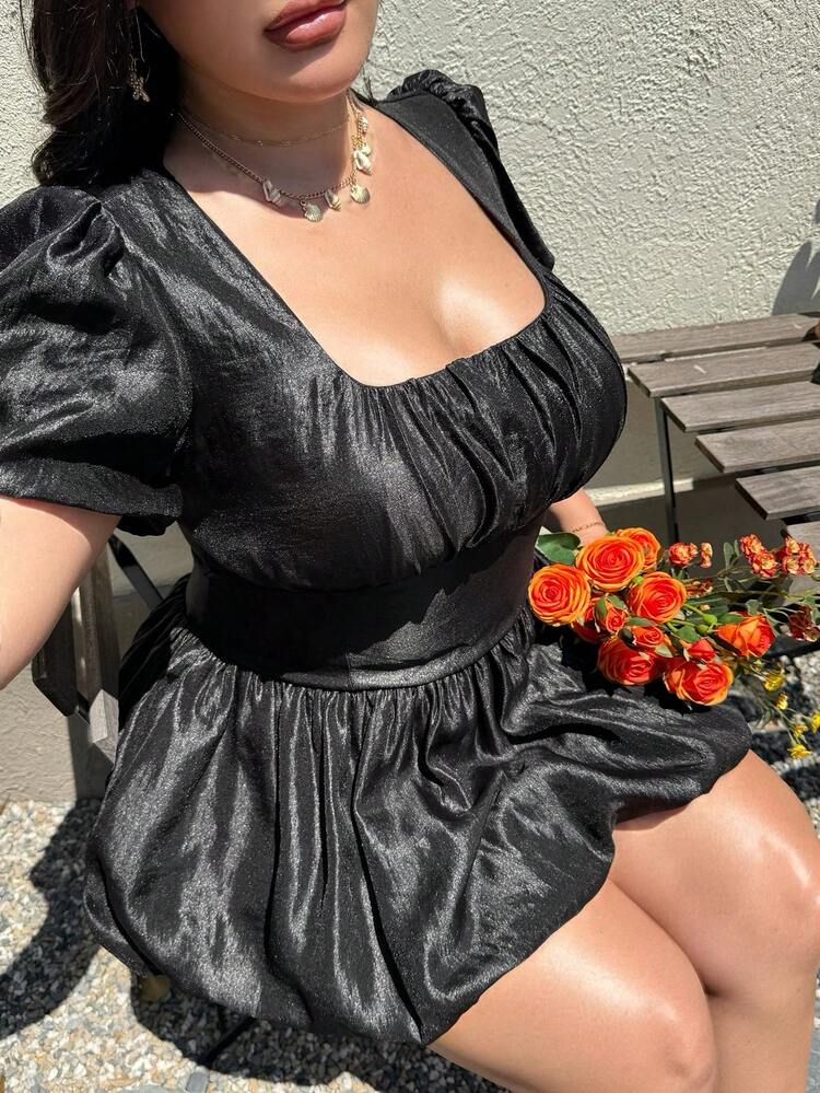 Dazy Plus Spring & Summer Black Fishbone Petal Sleeve Casual Sweet Girl Valentine's Day Wedding Party Cocktail Dress, Fashionable Fitted Elegant Commuter Plus Size Women Dress