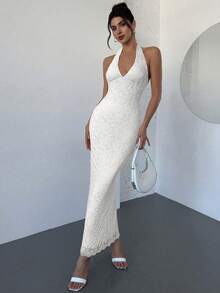 Firerie New V-Neck Sleeveless Textured Bodycon Maxi Dress, Elegant For Date Night Cocktail Wedding, Spring/Summer White,Wedding Guests,Dresses For Women Summer - White - View 6