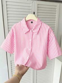 SHEIN 少女休闲日常时尚黄黑条纹宽松短袖衬衫 - 粉色 - 查看 3