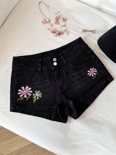 Elamini Women's Casual Embroidered Denim Shorts With Pockets