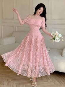 Modelyn Elegant Pink Floral Lace Off-Shoulder Ruffle Trim Waist Long Dress, Spring/Summer Party - Pink - View 4