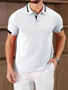 Manfinity Homme 男士對比色短袖休閒通勤 Polo 衫，正式款 - 白色 - 查看 4
