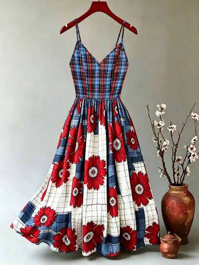 Selamara Women's Fashion Versatile Plaid & Floral Print Contrast Color Slip Dress