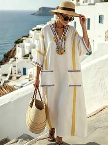 SHEIN Holidaya Women's White And Yellow V-Neck Printed Loose Three-Quarter Sleeve Bohemian Dress,Summer Boho Holiday Vacation Holiday Resort Kaftan Beach Cover-Up - Multicolor - View 7