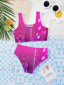 SHEIN Young Girl Letter & Cartoon Print Tankini Swimwear Set, Suitable For Summer - Multicolor - View 2