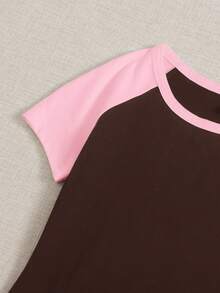 SHEIN EZwear Vestido ajustado de manga corta con contraste de color para tallas grandes - Marrón Chocolate - Ver 3