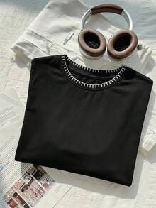 Comfortcana Loose Fit Plus Size Women's T-Shirt With Shell Embroidery, Black Short Sleeve Round Neck Lace Hem - Black - View 4