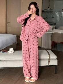 DAZY 女士简约日常爱心印花睡衣套装，秋冬服装 - 粉色 - 查看 3