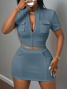 Slaydiva Women's Light Teal Summer Two Pieces Set,Smart Casual Night Street Stand-Up Collar Zipper Short-Sleeved Top&Hip Mini Skirt,White Pit Rib Outfits - Dusty Blue - View 7