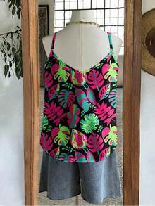 Mellowie Plus Size Women Tropical Textured Floral Contrast Lace Camisole - Multicolor - View 4