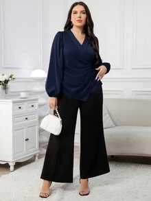 Modelyn 大码女式纯色灯笼袖褶皱休闲衬衫 - 藏蓝色 - 查看 6