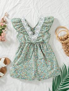 SHEIN Elladie kids 2025夏季新款女童碎花荷葉袖V領收腰露背A字洋裝，鄉村風時尚少女裙 - 彩色 - 查看 2