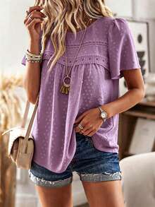 SHEIN Women's Contrast Lace Round Neck Short Sleeve Blouse - Purple - View 3