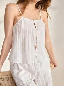 Ocili Leisure Comfortable Cotton Cutout Bohemian Soft Camisole Pants Set, Relaxed Minimalist Drawstring Chic Autumn Pajamas For Women - White - View 7