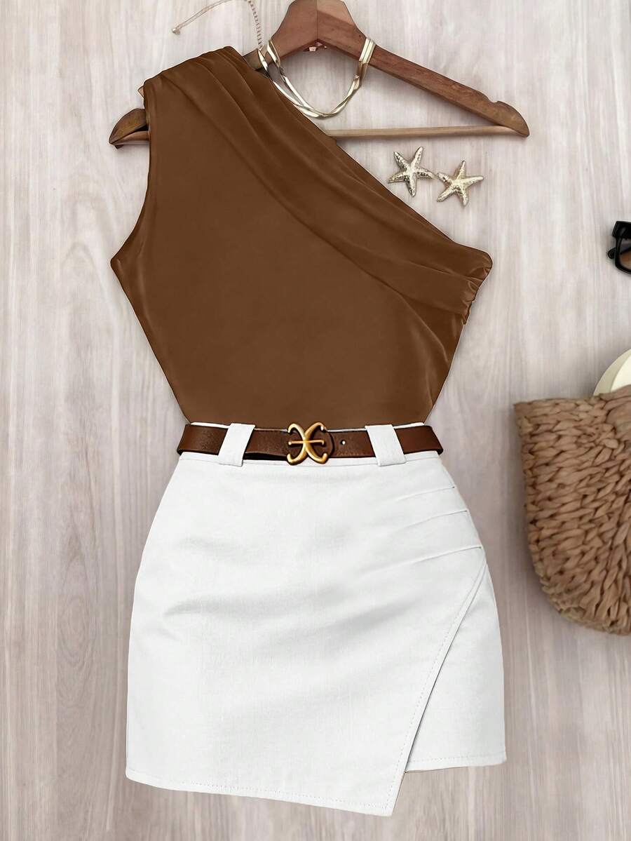 EMERY ROSE Elegant Sexy One Shoulder Pleated Detail Asymmetrical Hem ...