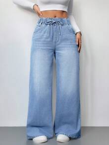 SHEIN Tall 女款水藍色高腰寬腿牛仔褲，鬆緊腰帶，寬鬆直筒褲，夏季休閒街頭風，音樂節穿搭，適合高個女性 - 淺色水洗藍 - 查看 6