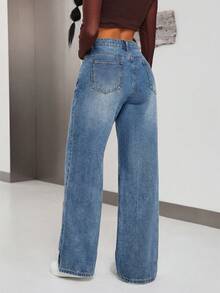 Jeanoix Quần jeans nữ ống rộng có túi, dáng suông, đa năng. - Màu xanh lam - Xem 2