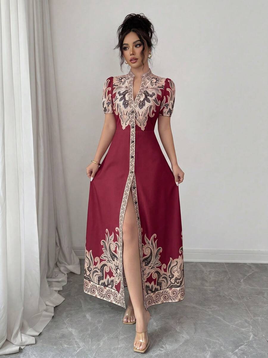 SHEIN Elenzya 杏色深V领收腰数码印花拼接优雅A字连衣裙,适合女士正式晚宴、约会、婚礼等场合(定位花卉图案) - 紅色 - 查看 1