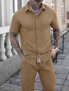 Manfinity Homme 2pcs Solid Color Textured Striped Casual Vacation Short Sleeve Shirt And Pants Set - Khaki - View 6