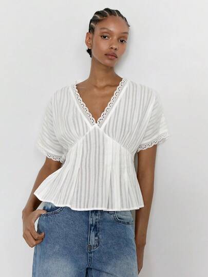 Maija Women's V-Neck Floral Splice Ruched Slim Fit Blouse, Vacation Style, Spring/Summer, Summer Tops , Tops For Going Out, Elegant Women's Blouses , Casual Blouses For Women, Summer, Summer Outfit For Women , Going Out Outfits, Birthday Outfits For Women , Holiday Outfits For Women, Vacation, Summer Holiday Outfits, Country Style For Women, Beach Outfits For Women