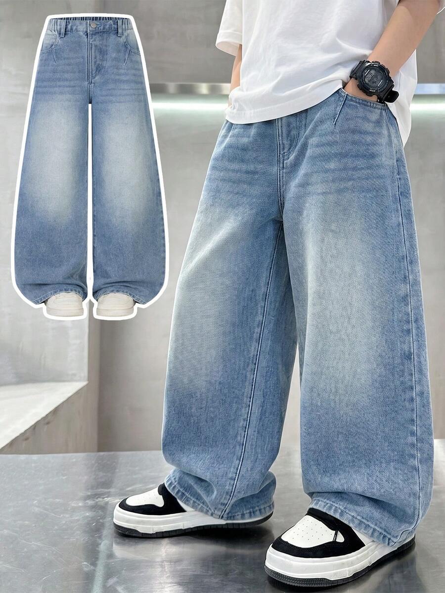 SHEIN Quần jeans ống rộng dáng suông cho bé trai, chất liệu denim mài, kiểu dáng thoải mái, cạp chun, phù hợp cho kỳ nghỉ, lễ hội âm nhạc, trường học, đi làm, dự tiệc và các dịp khác. - Rửa trung bình - Xem 1