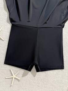 SHEIN Tween Girl Contrast Zipper Half-Placket Short Sleeve Round Neck Skort Set - Black and White - View 3
