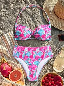 Teen Girl Shell Print Halter Swimsuit Set, Beach Vacation - Multicolor - View 1