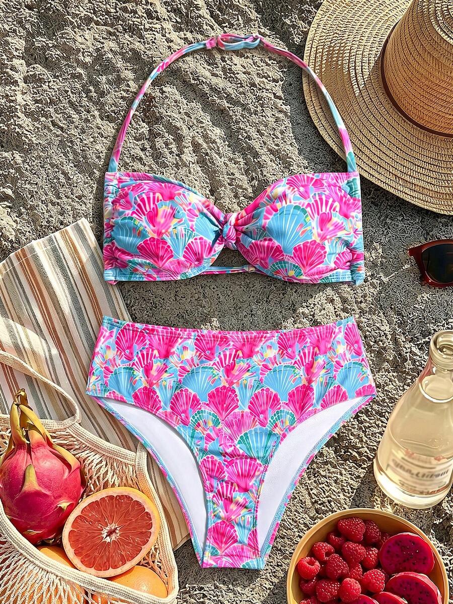Teen Girl Shell Print Halter Swimsuit Set, Beach Vacation - Multicolor - View 1