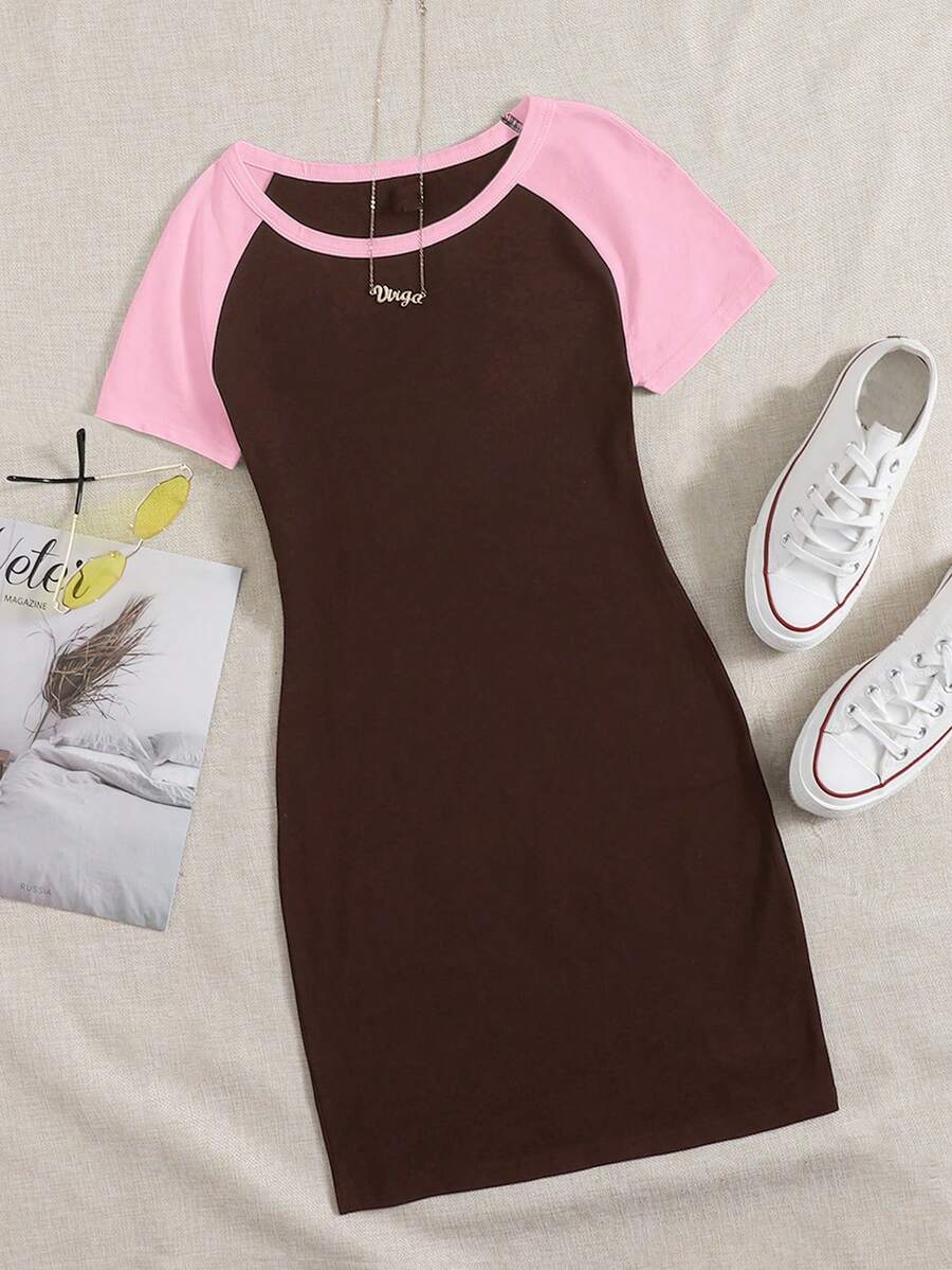 SHEIN EZwear Vestido ajustado de manga corta con contraste de color para tallas grandes - Marrón Chocolate - Ver 1