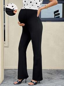 MaterniWear Maternity Solid Color Adjustable Waist Elegant Flare Pants - Black - View 9