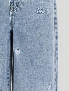 SHEIN 女童宽松牛仔裤，夏季新品，爱心刺绣，浅蓝色牛仔布，松紧腰，直筒裤型，轻盈柔软面料，舒适休闲，适合日常、度假、上学、通勤、户外聚会等各种场合，夏季女童牛仔裤 - 藍色 - 查看 6