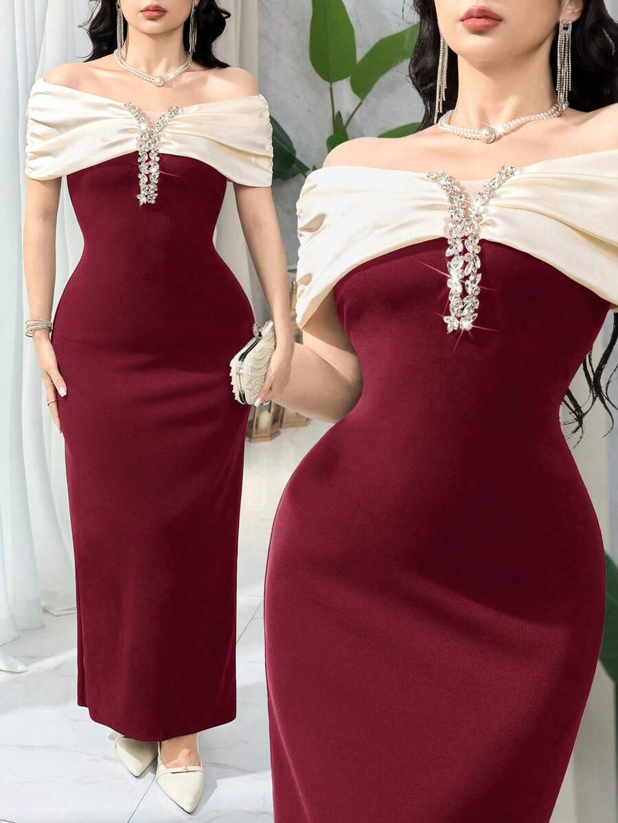 Feyla Women's Color Block Rhinestone Decor Off Shoulder Fitted Long Dress