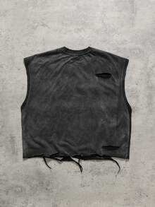 ROMWE MEN 男士水洗做旧泡泡印花宽松背心，春夏款 - 黑色 - 查看 3