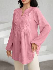 Graceveil Women's Lace Patchwork Textured Lantern Sleeve Blouse - Pink - View 7
