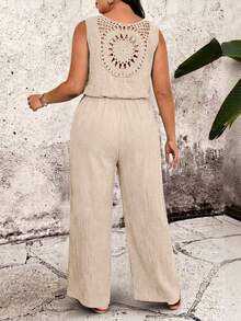 Breezaya Plus Size Solid Color Round Neck Backless Lace Trim Sleeveless Elastic Waist Jumpsuit - Khaki - View 2