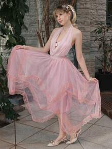 Goth Chân váy lưới phối ren tương phản, gấu váy bất đối xứng của ROMWE X Elena Katey. - Bụi hồng - Xem 5